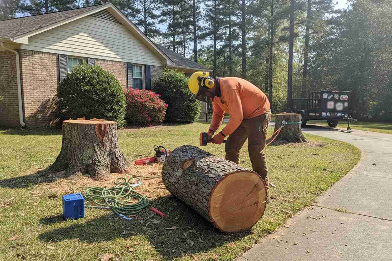 Storm damage tree removal cleanup near the Appalachian Pinball Museum in Hendersonville, North Carolina.