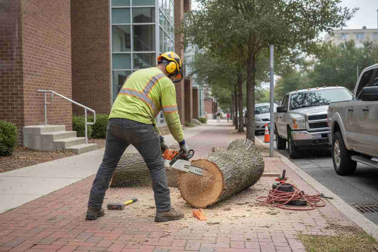 Professional arborists safely executing a hazardous tree removal operation near the Greenville County Museum of Art in Greenville, South Carolina.