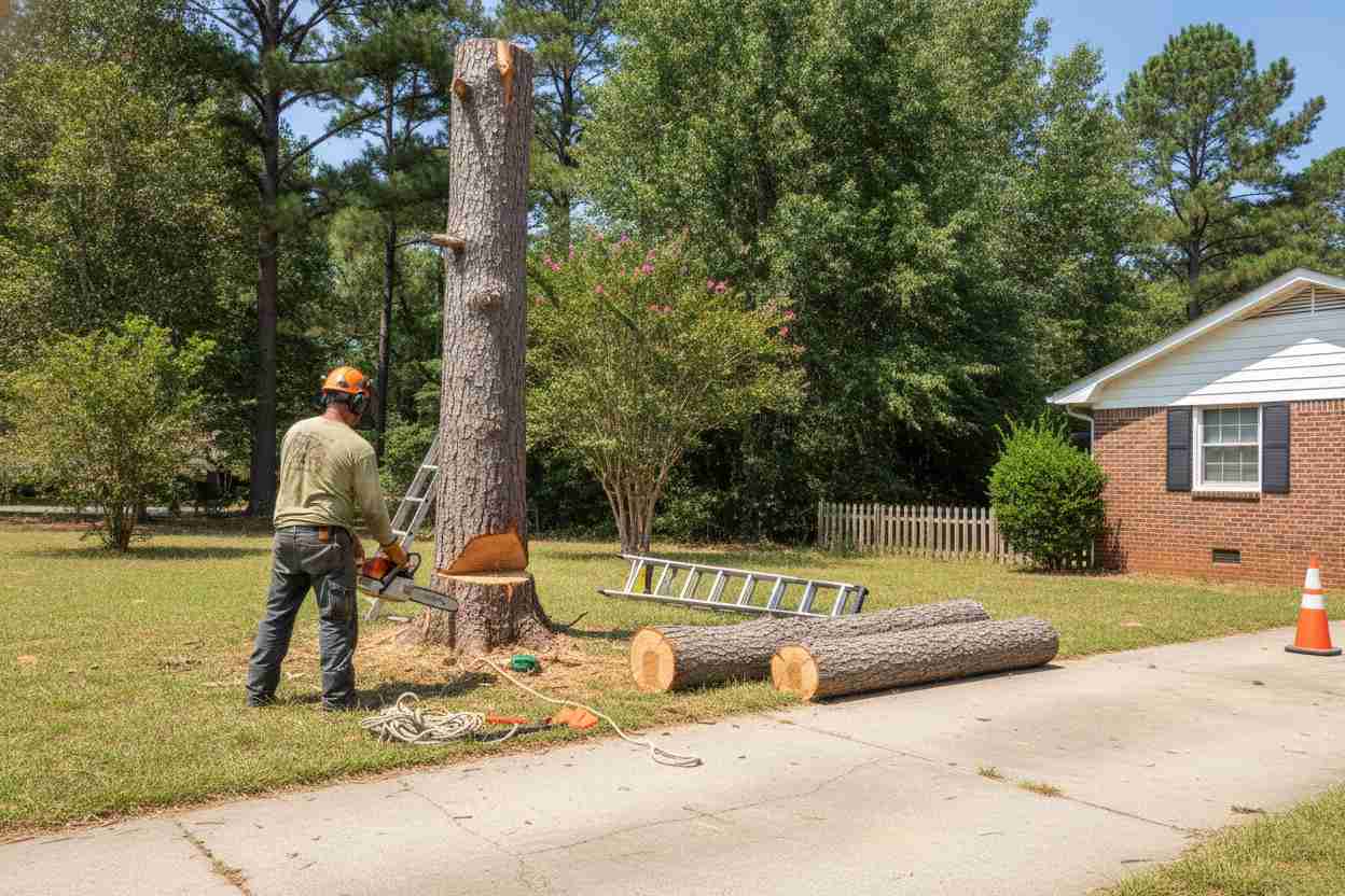 Storm damage tree removal scene near Hester Store in Easley, South Carolina, with a fallen tree limb in a front yard.