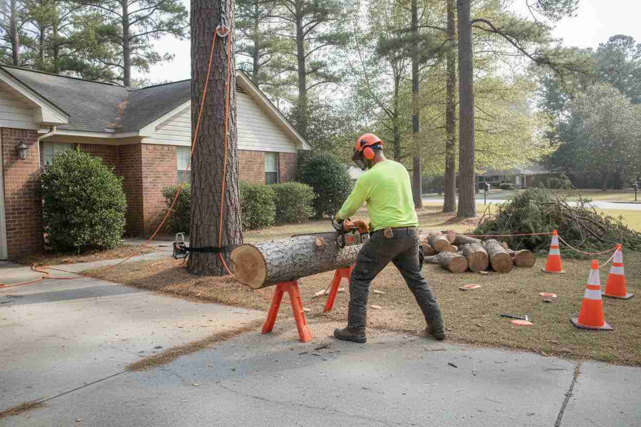 Storm damage tree removal scene near the Model T Museum in Taylors, South Carolina, beside a roadside and parking lot.