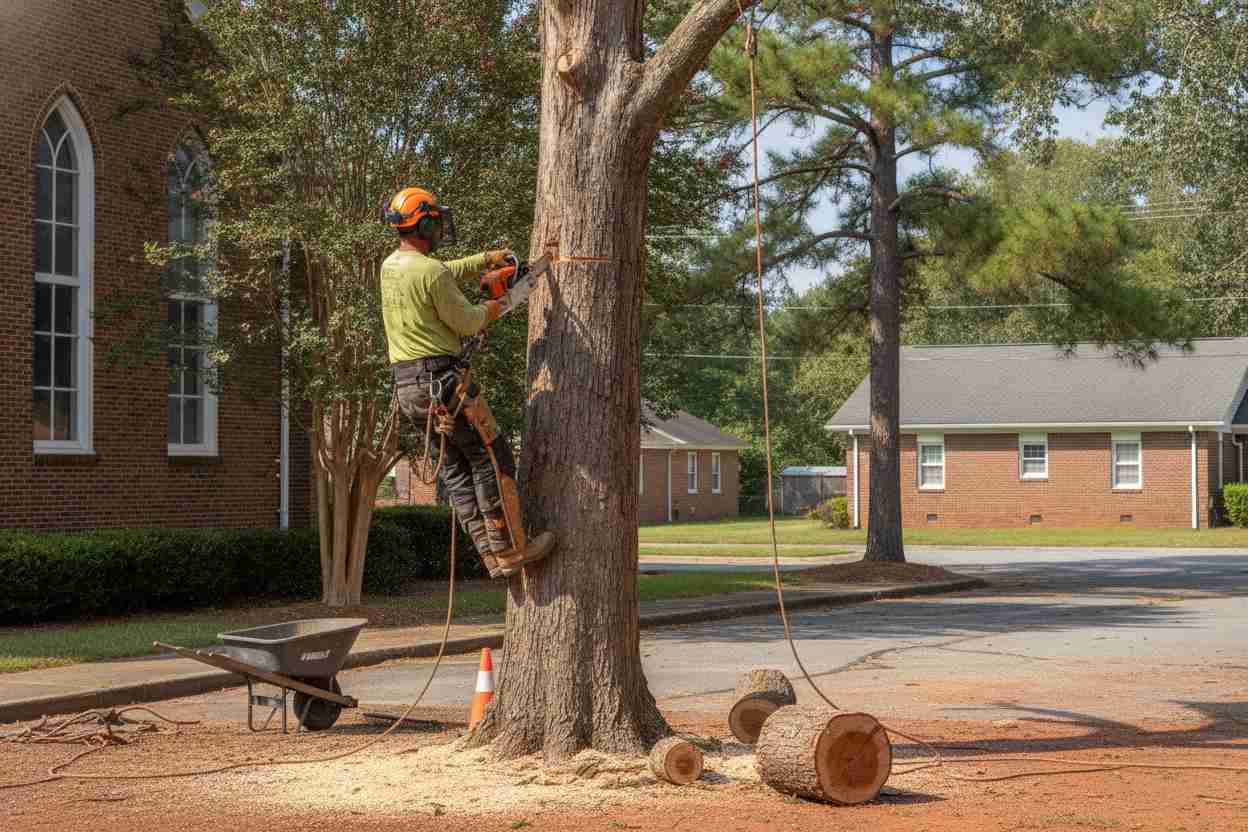 Professional tree removal service performing a hazardous tree removal near Saint Paul's Church in Hendersonville, North Carolina.
