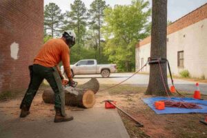 Professional tree removal service performing a hazardous tree removal near Southernside Brewing Co. in Taylors, South Carolina.