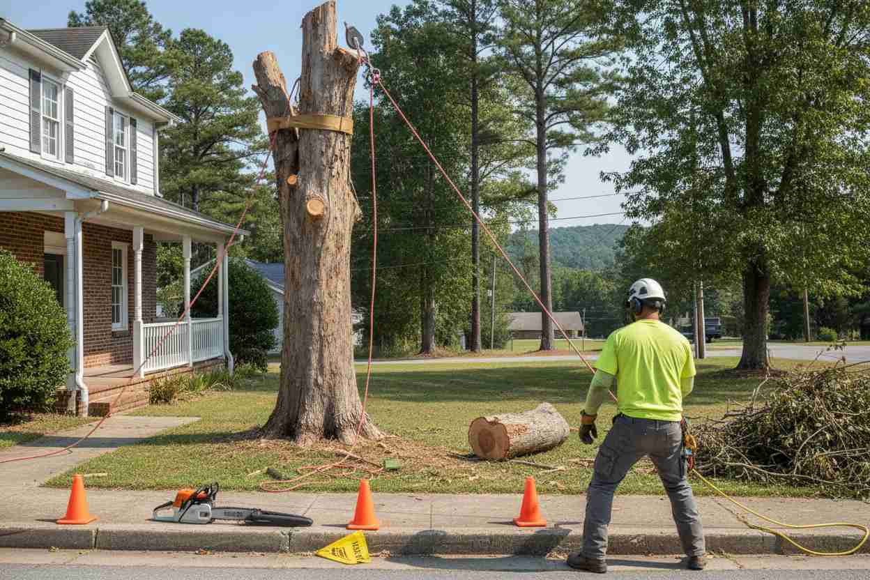 Professional tree removal service safely taking down a hazardous tree near the historic Spring Park Inn in Travelers Rest, South Carolina.