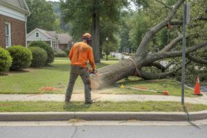Professional arborist crew safely executing an emergency tree removal service near the History Museum in Travelers Rest, South Carolina.