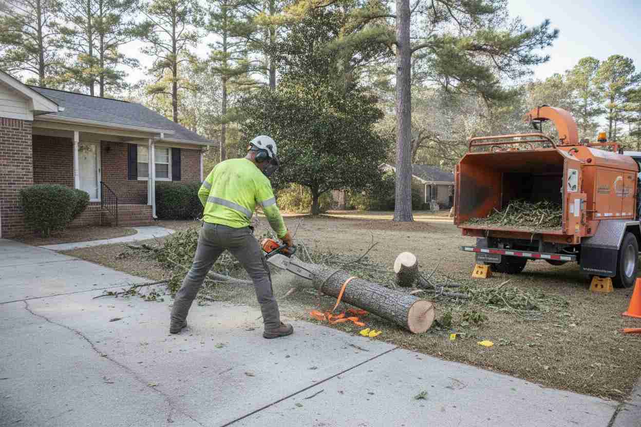 Professional tree removal service performing an emergency tree extraction near the Samuel J. Childs House in North Carolina.