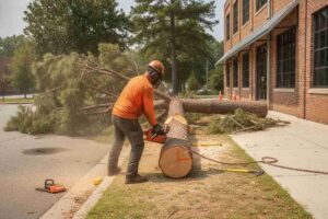 Professional tree removal service performing an emergency tree extraction near Taylors Mill in Taylors, South Carolina.