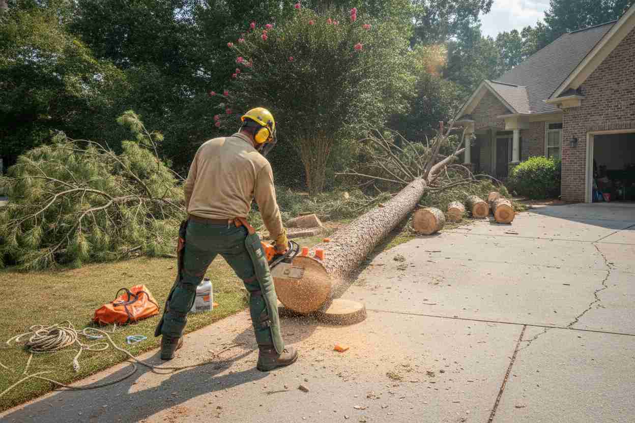 Emergency tree removal scene in a suburban neighborhood in Taylors, South Carolina, near Taylors Mill with a storm-damaged pine tree being cut down near a house.