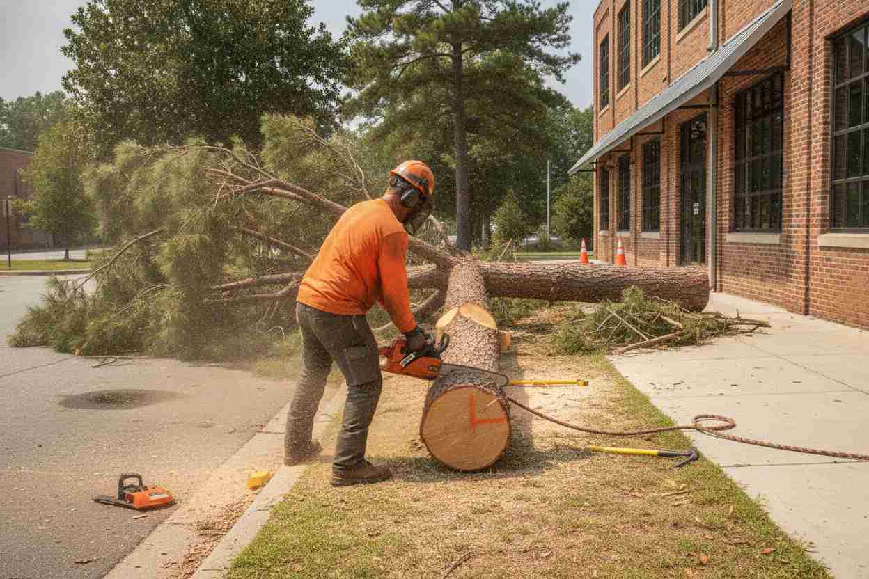 Professional tree removal service performing an emergency tree extraction near Taylors Mill in Taylors, South Carolina.