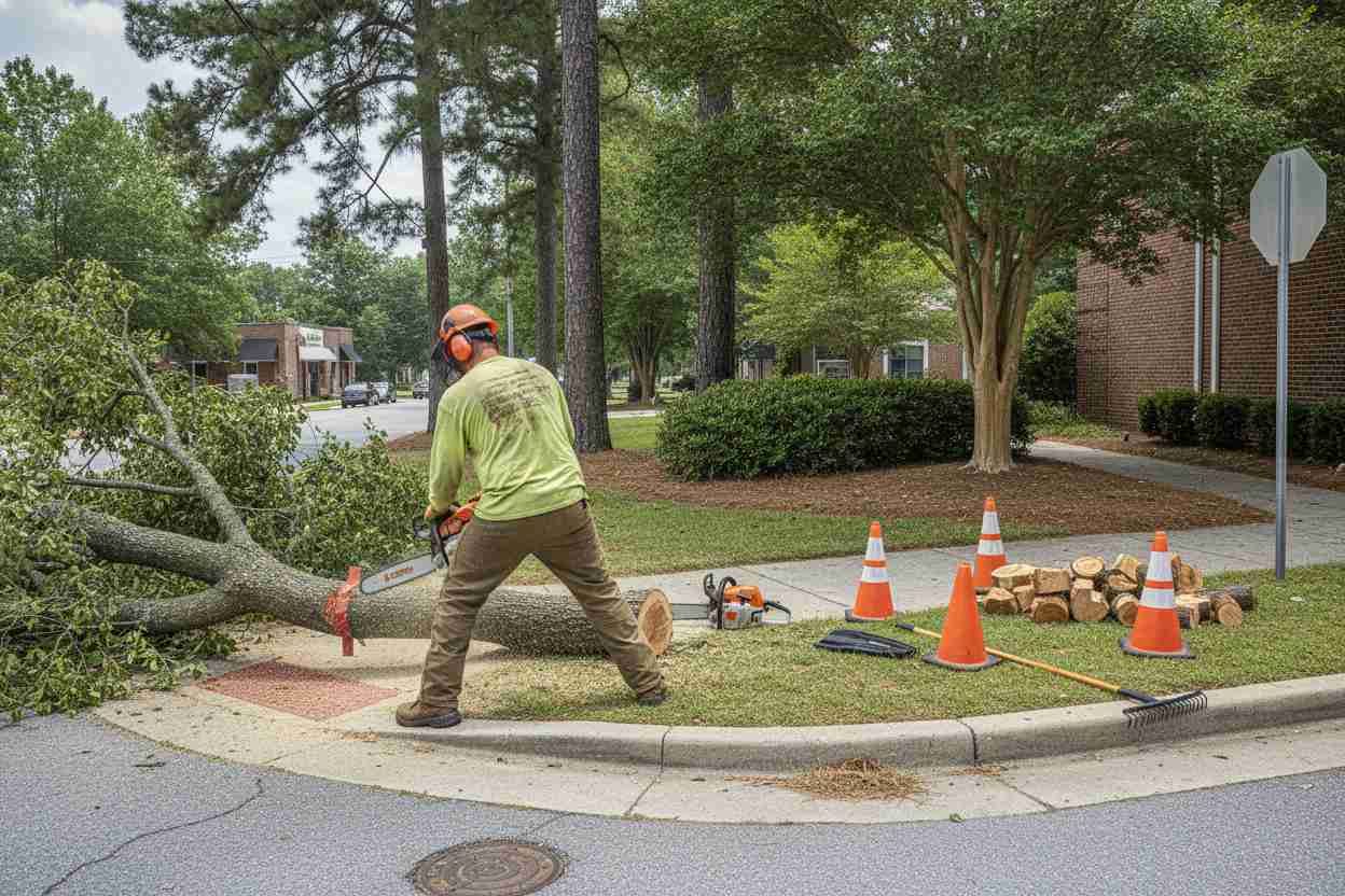 Professional tree removal service performing an emergency tree extraction near the Upcountry History Museum in Greenville, South Carolina.