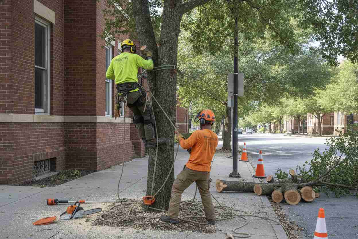 Emergency tree removal scene on a street in Greenville, South Carolina, near the Upcountry History Museum with work trucks and safety lights.