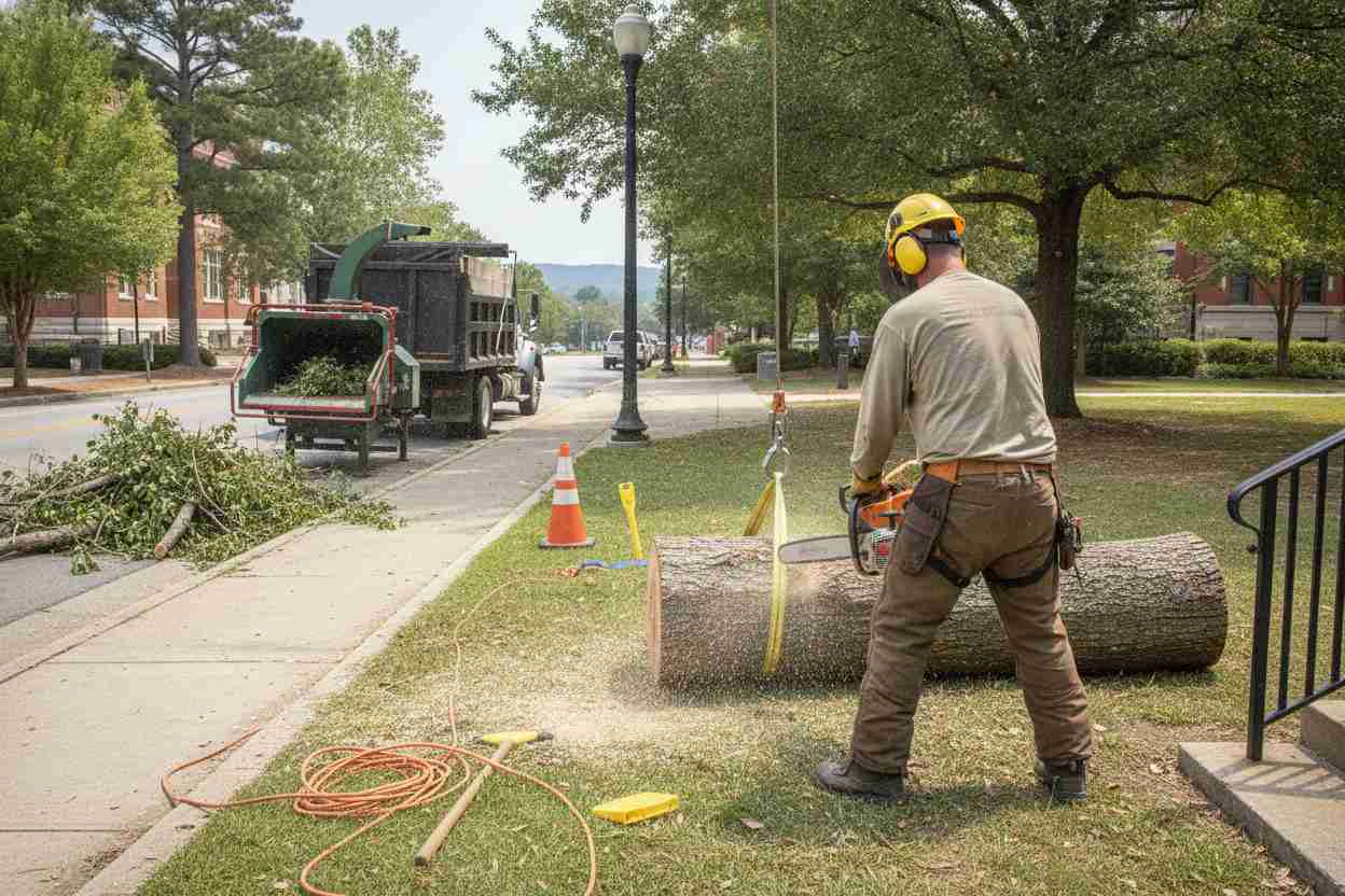 Dead tree removal scene near the Greenville County Museum of Art in downtown Greenville, South Carolina, with a crane and chipper staged by the sidewalk.