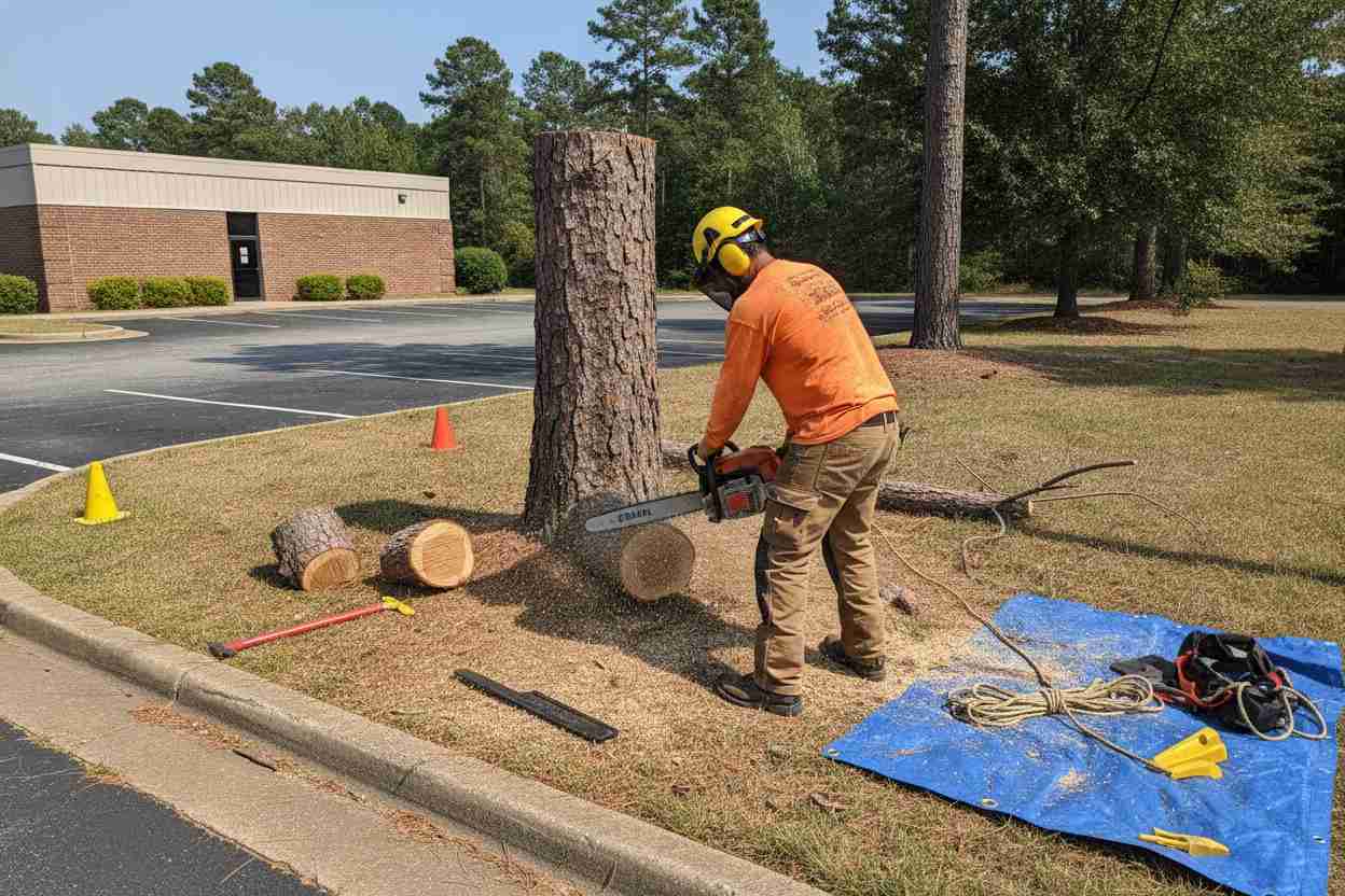 Cut sections of a dead pine tree on a commercial edge lot near the BMW Performance Center in Greer, South Carolina.