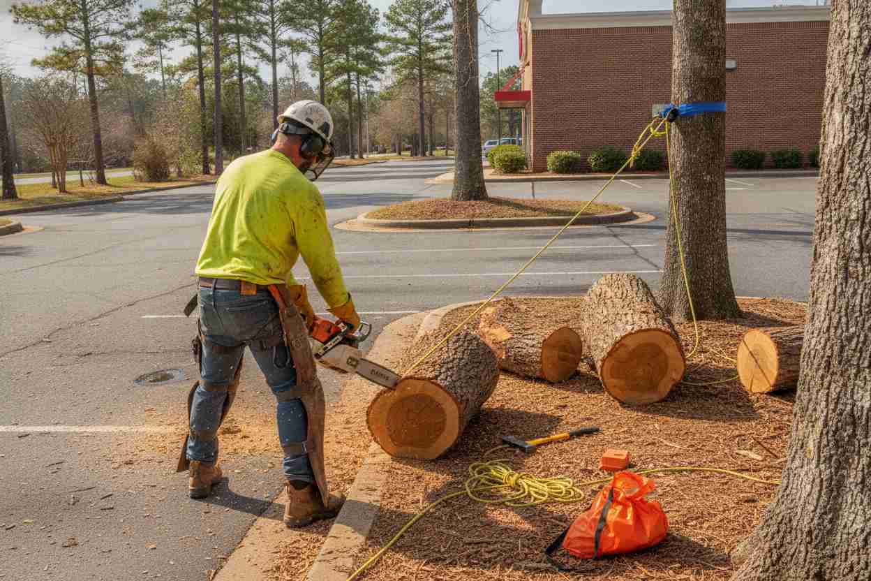 Professional tree removal crew carefully removing a large oak tree near Chick-fil-A in Taylors, South Carolina.