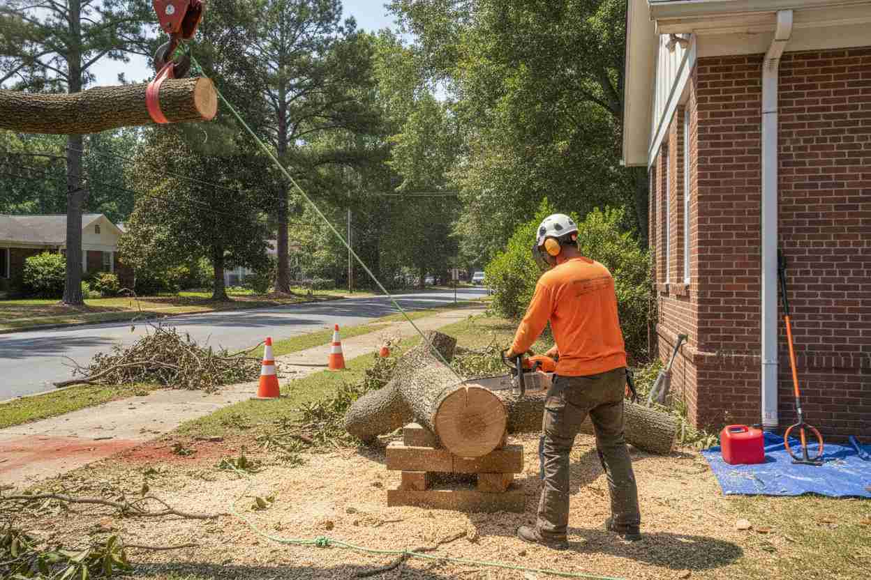Large oak tree removal in progress in a leafy neighborhood near the Greenville Zoo in Greenville, South Carolina.