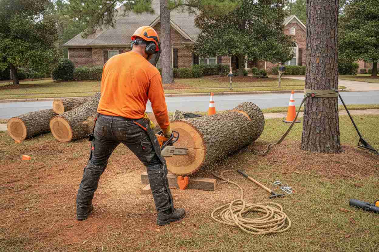 Professional tree service team executing a large oak and hardwood tree removal near the Greenville Zoo in Greenville, South Carolina.