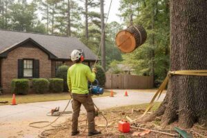 Professional tree service team executing a large oak and hardwood tree removal near the Henderson County Heritage Museum in North Carolina.