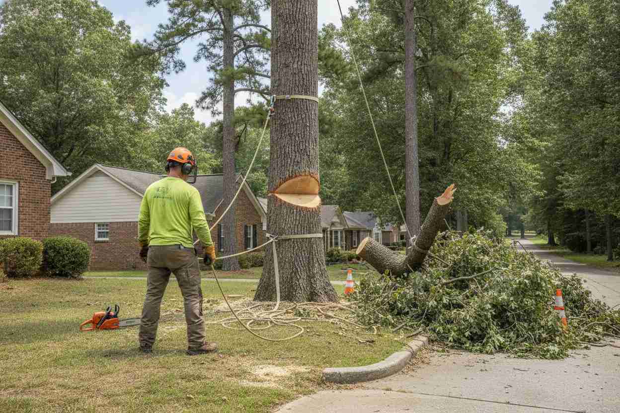 Professional tree service team removing a large oak and hardwood tree near the Swamp Rabbit Trail in Travelers Rest, South Carolina.