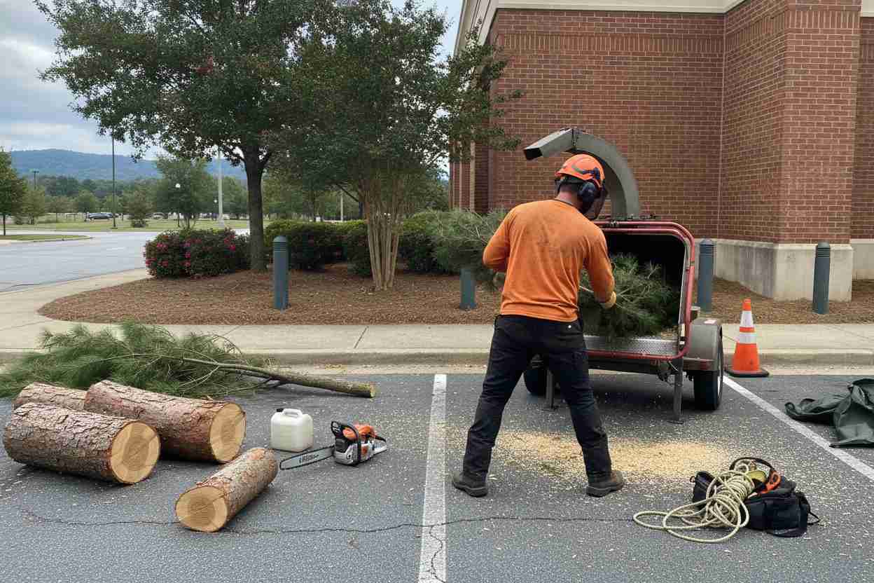 Professional tree care experts removing a storm-damaged tree near the Bon Secours Wellness Arena in Greenville, South Carolina.