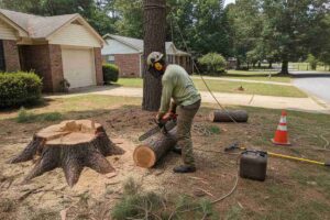 Professional tree service team safely removing a storm-damaged tree near Greer City Park in Greer, South Carolina.