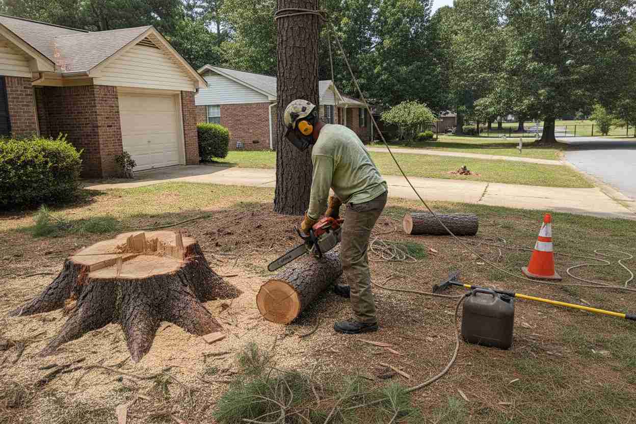 Professional tree service team safely removing a storm-damaged tree near Greer City Park in Greer, South Carolina.