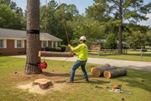 Professional tree service clearing fallen branches and storm-damaged debris near the Mineral and Lapidary Museum in North Carolina.