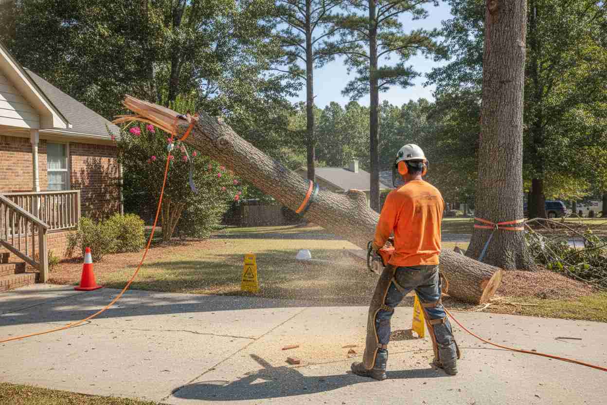 Professional dead tree removal service performing a tree extraction near the Appalachian Pinball Museum in Hendersonville, North Carolina.