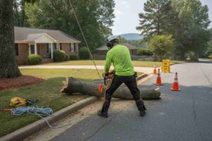 Professional tree removal service safely cutting down and removing a dead tree near the Model T Museum in Taylors, South Carolina.