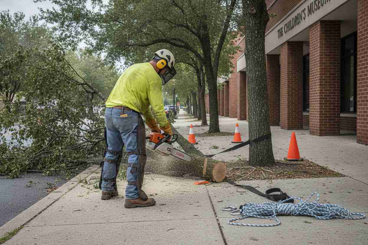 Professional tree service workers performing a dead tree removal near the Children's Museum in Greenville, South Carolina.