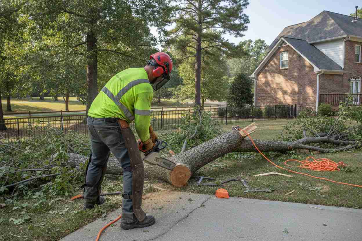 Professional tree removal service safely cutting down and removing a dead tree near Trailblazer Park in Travelers Rest, South Carolina.
