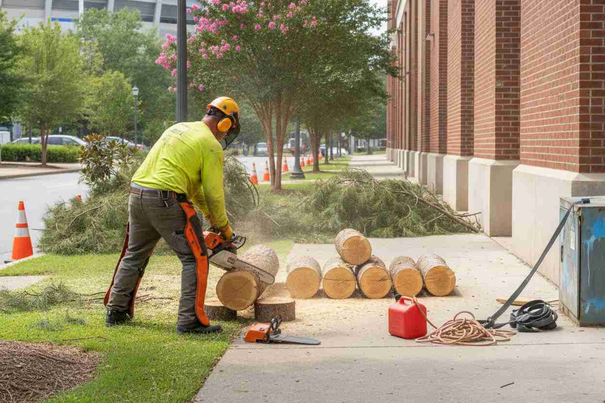 Amateur smartphone photo of a recent pine tree removal in Greenville, South Carolina near the Bon Secours Wellness Arena, showing cut logs and debris.