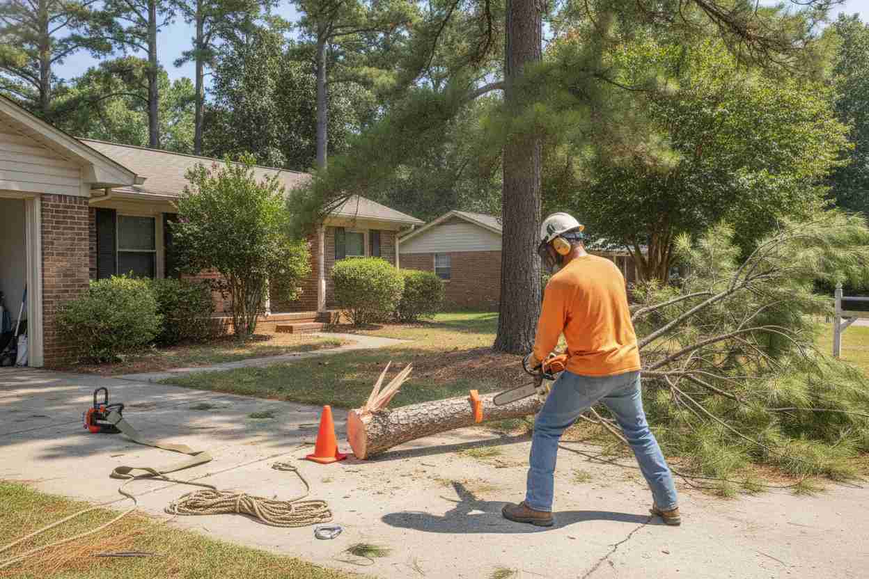 Pine tree removal service in progress near Wade Hampton High School in Taylors, South Carolina.