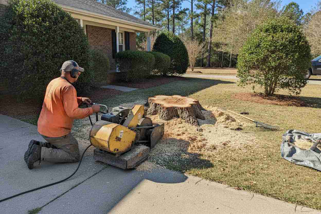 An active tree service crew grinding a tree stump in a residential yard in Greenville, South Carolina