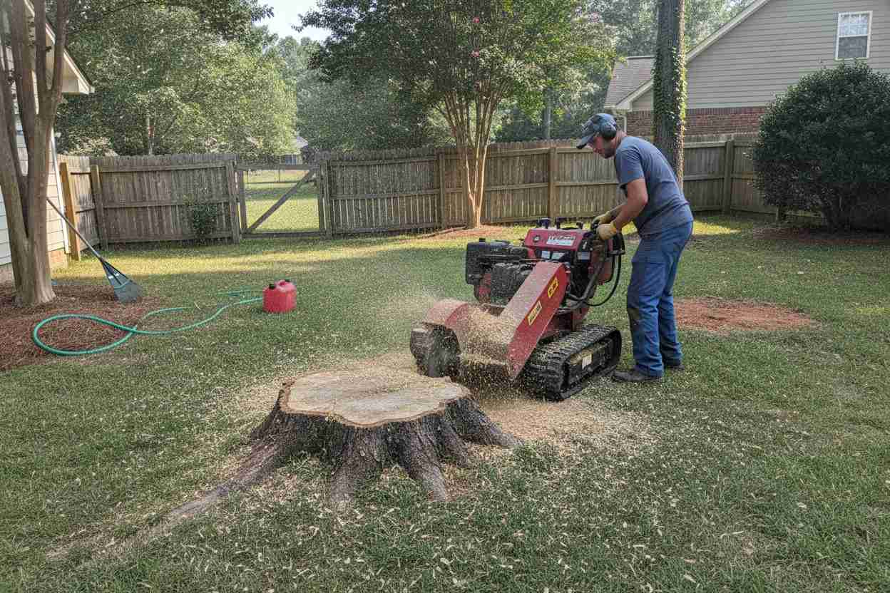 An in-progress stump grinding job in the front yard of a suburban home in Greenville, South Carolina
