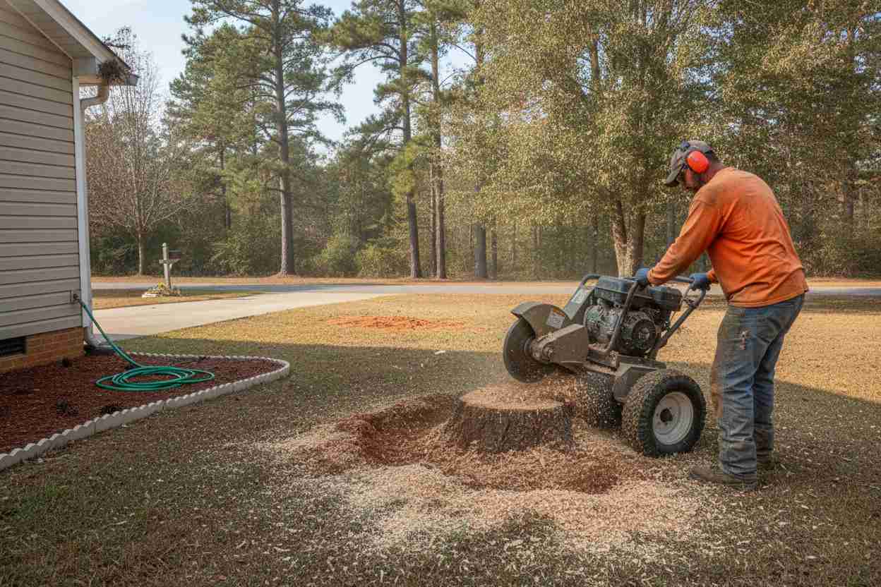 A professional stump grinding job in progress in the yard of a home in Greer, South Carolina