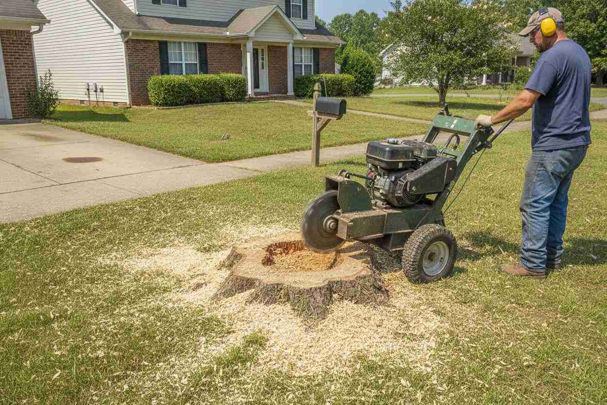 An active stump grinding crew removing a tree stump in a residential yard in Taylors, South Carolina