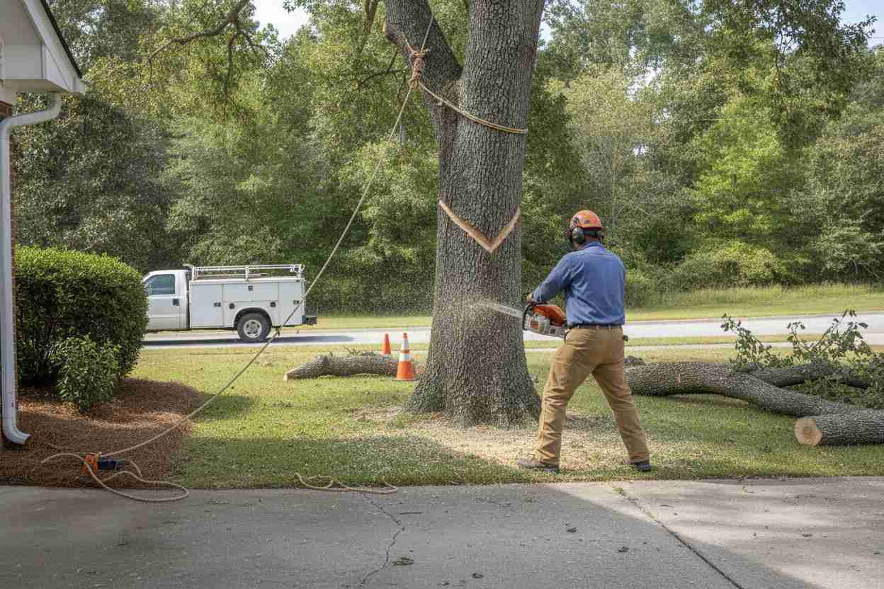 An active tree removal crew cutting down a large hardwood tree in a residential yard in Greenville, South Carolina