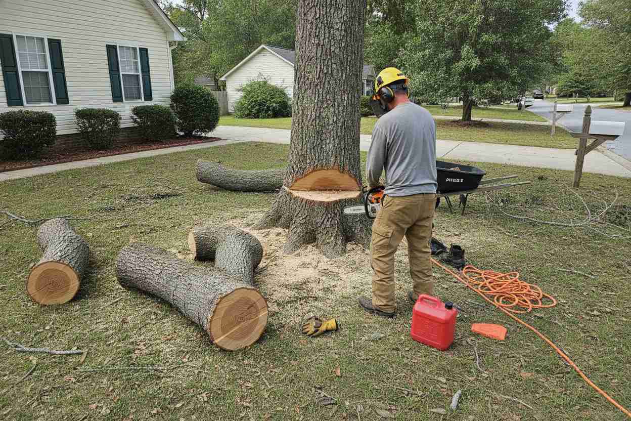 An in-progress tree removal job in the front yard of a suburban home in Greenville, South Carolina
