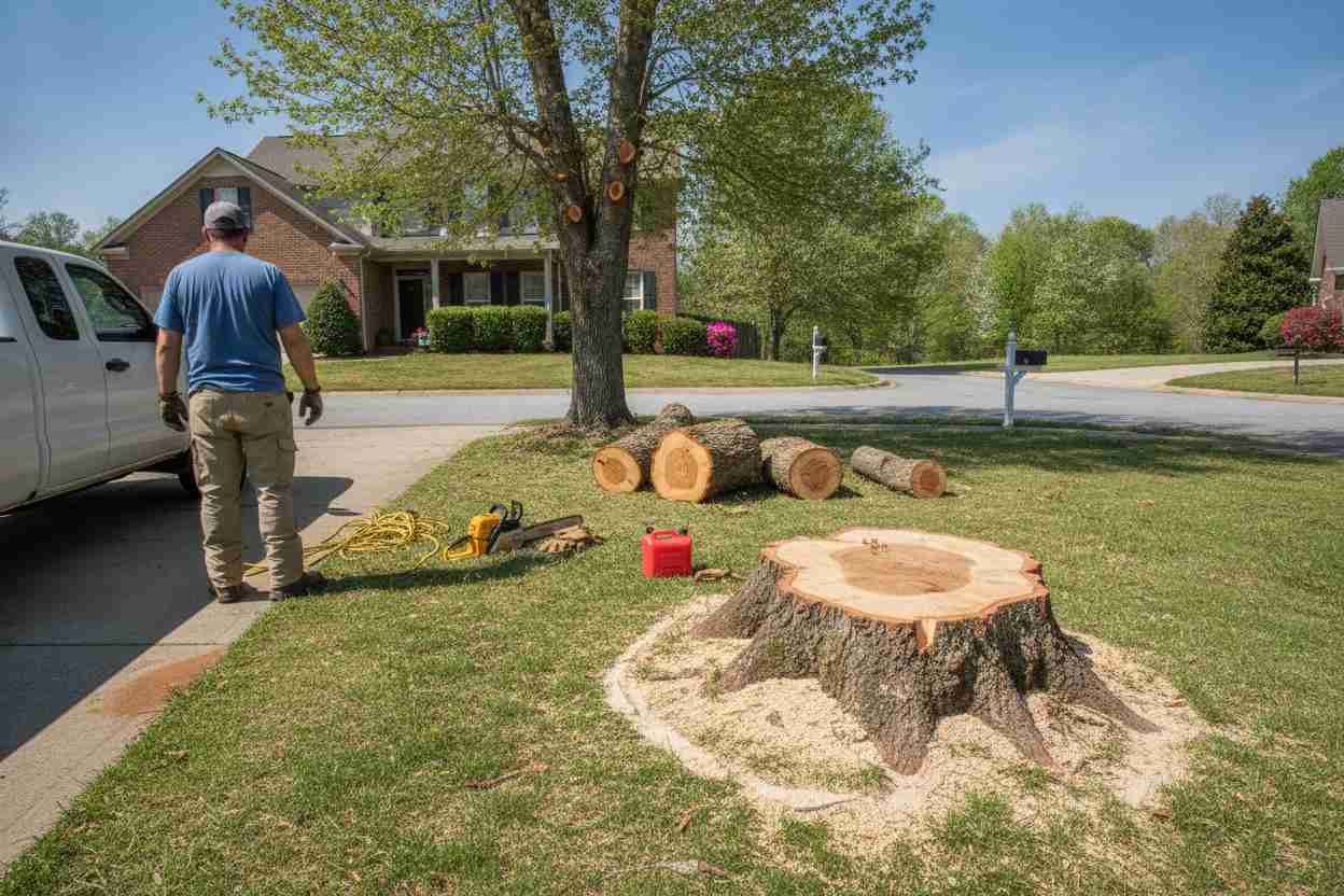 An active tree removal crew cutting down a large hardwood tree in a residential yard in Greer, South Carolina