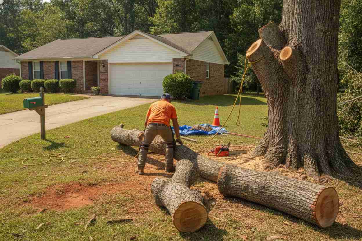 An in-progress tree removal job in the front yard of a suburban home in Greer, South Carolina