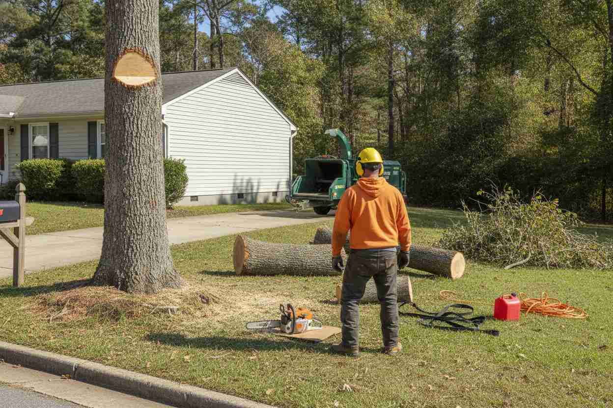 An active tree removal crew cutting down a large hardwood tree in a residential yard in Taylors, South Carolina