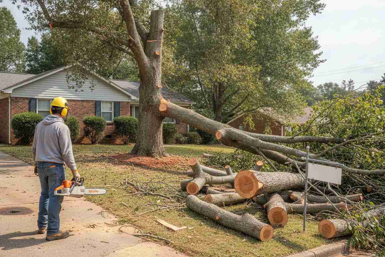 An in-progress tree removal job in the front yard of a suburban home in Taylors, South Carolina