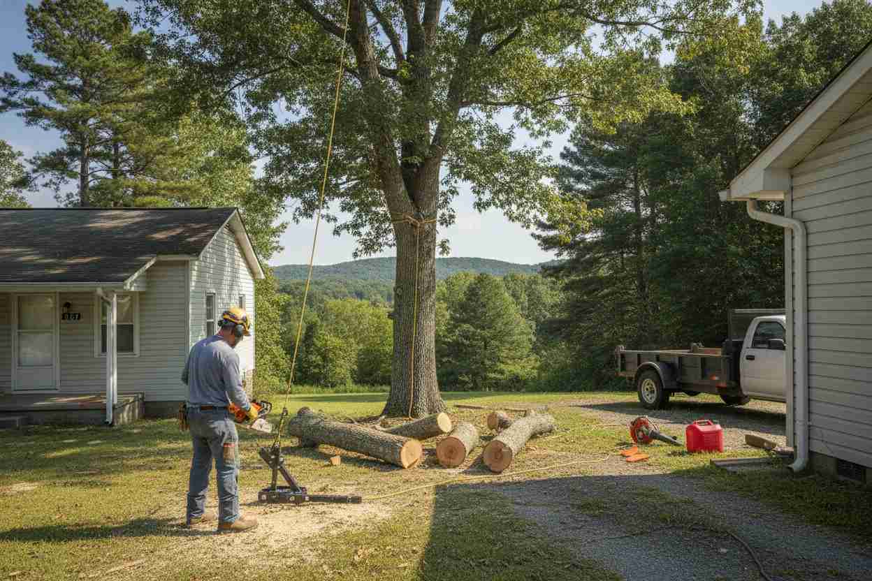 An active tree removal crew cutting down a large hardwood tree in a residential yard in Travelers Rest, South Carolina