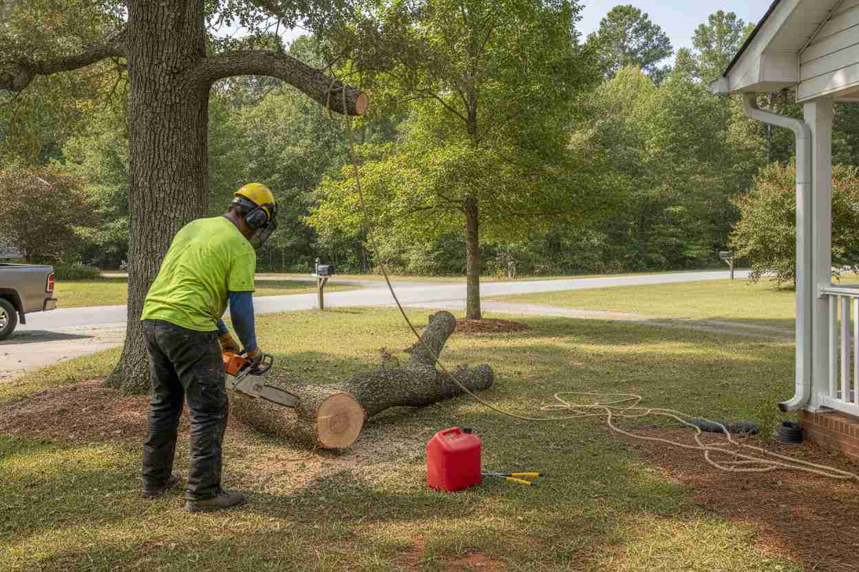 An active tree service crew performing professional tree care in a residential yard in Easley, South Carolina