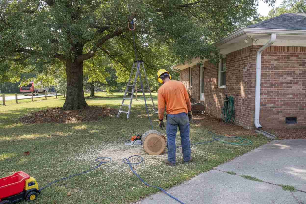 An in-progress tree services job in the front yard of a suburban home in Easley, South Carolina