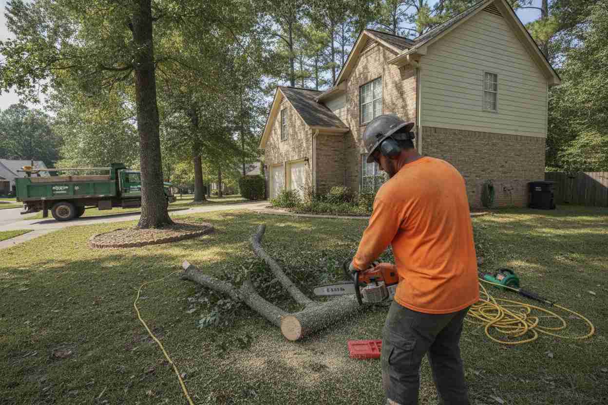 An active tree service crew pruning a large hardwood tree in a residential yard in Greenville, South Carolina