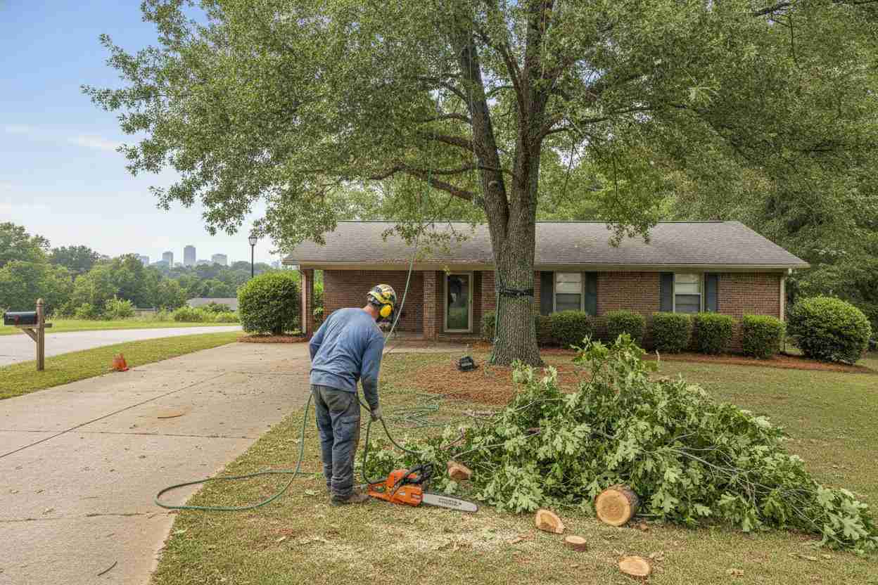 A professional tree service crew safely working on a mature tree in a residential yard in Greenville, South Carolina