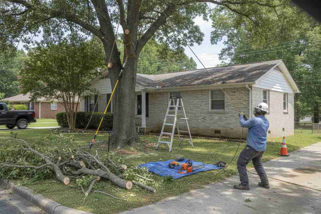 An active tree trimming crew cutting down a large hardwood tree in a residential yard in Easley, South Carolina