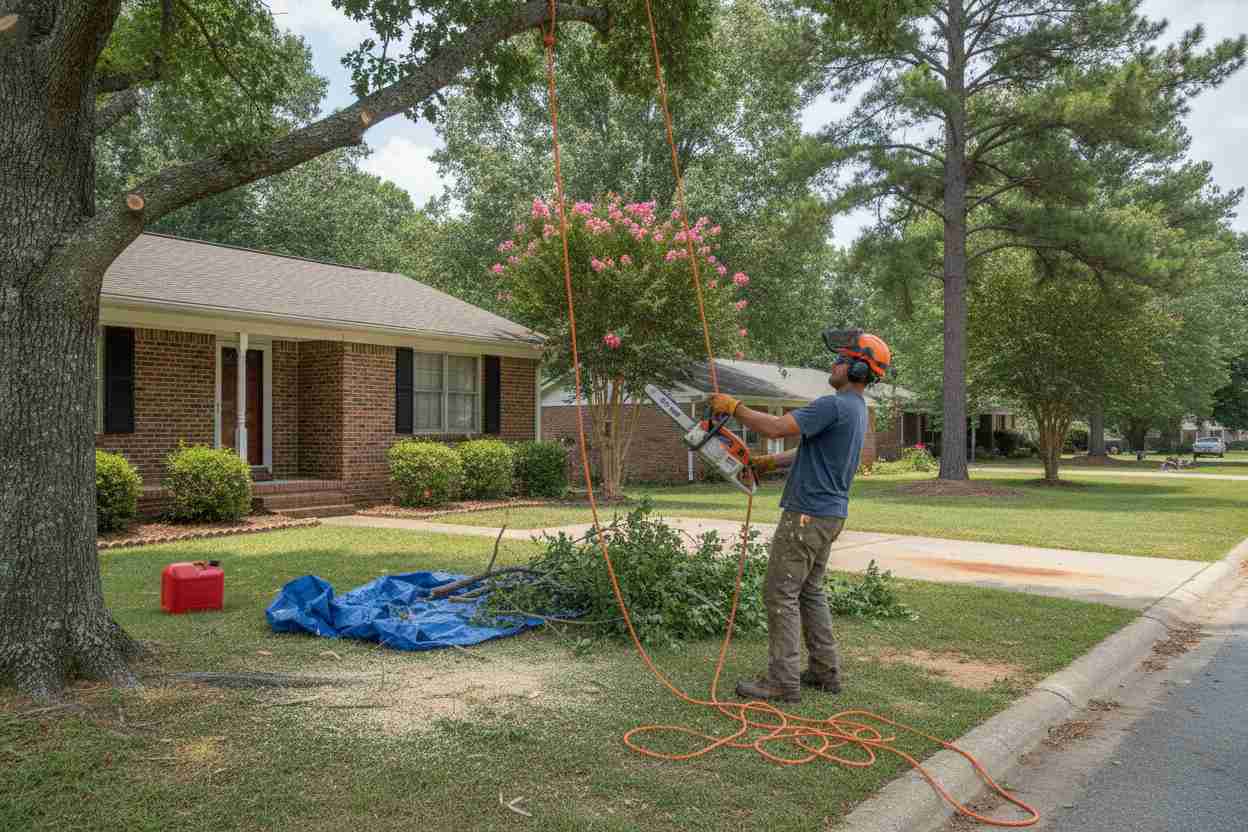 An in-progress tree trimming job on a residential property in Easley, South Carolina