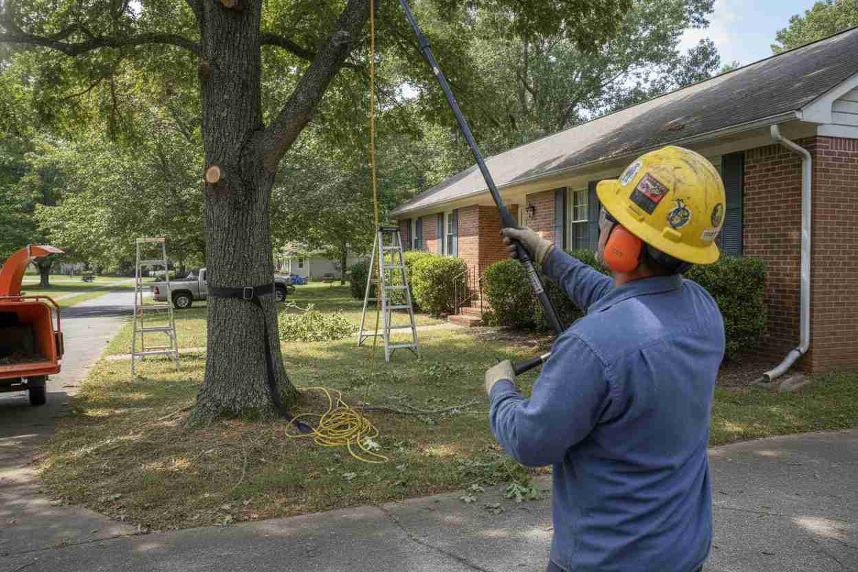 An active tree trimming crew pruning a large hardwood tree in a residential yard in Hendersonville, North Carolina