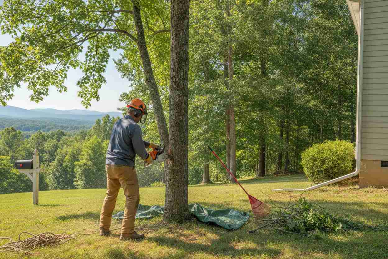 An in-progress tree trimming job in the front yard of a suburban home in Hendersonville, North Carolina